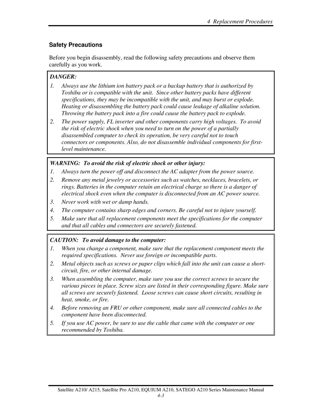 Toshiba a210 manual Safety Precautions 