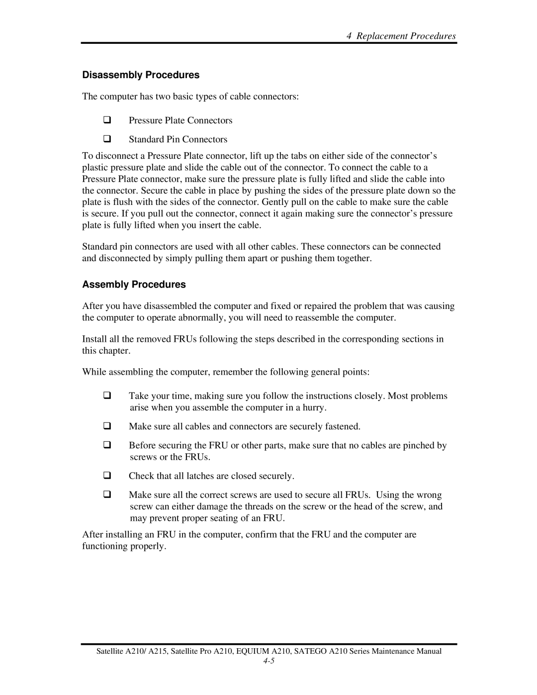 Toshiba a210 manual Disassembly Procedures, Assembly Procedures 