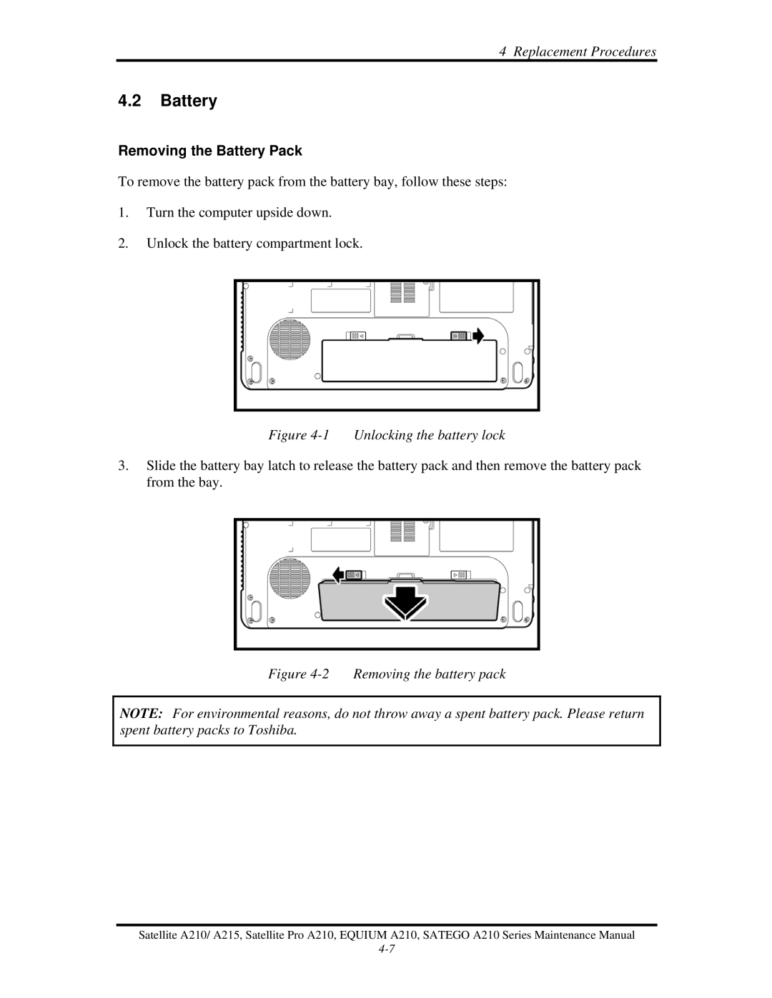 Toshiba a210 manual Removing the Battery Pack 