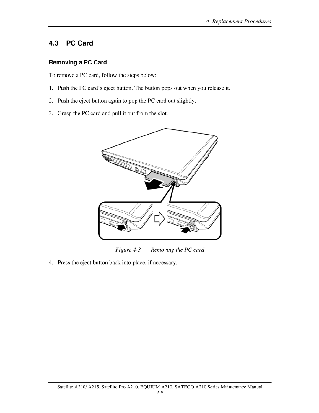 Toshiba a210 manual Removing a PC Card 