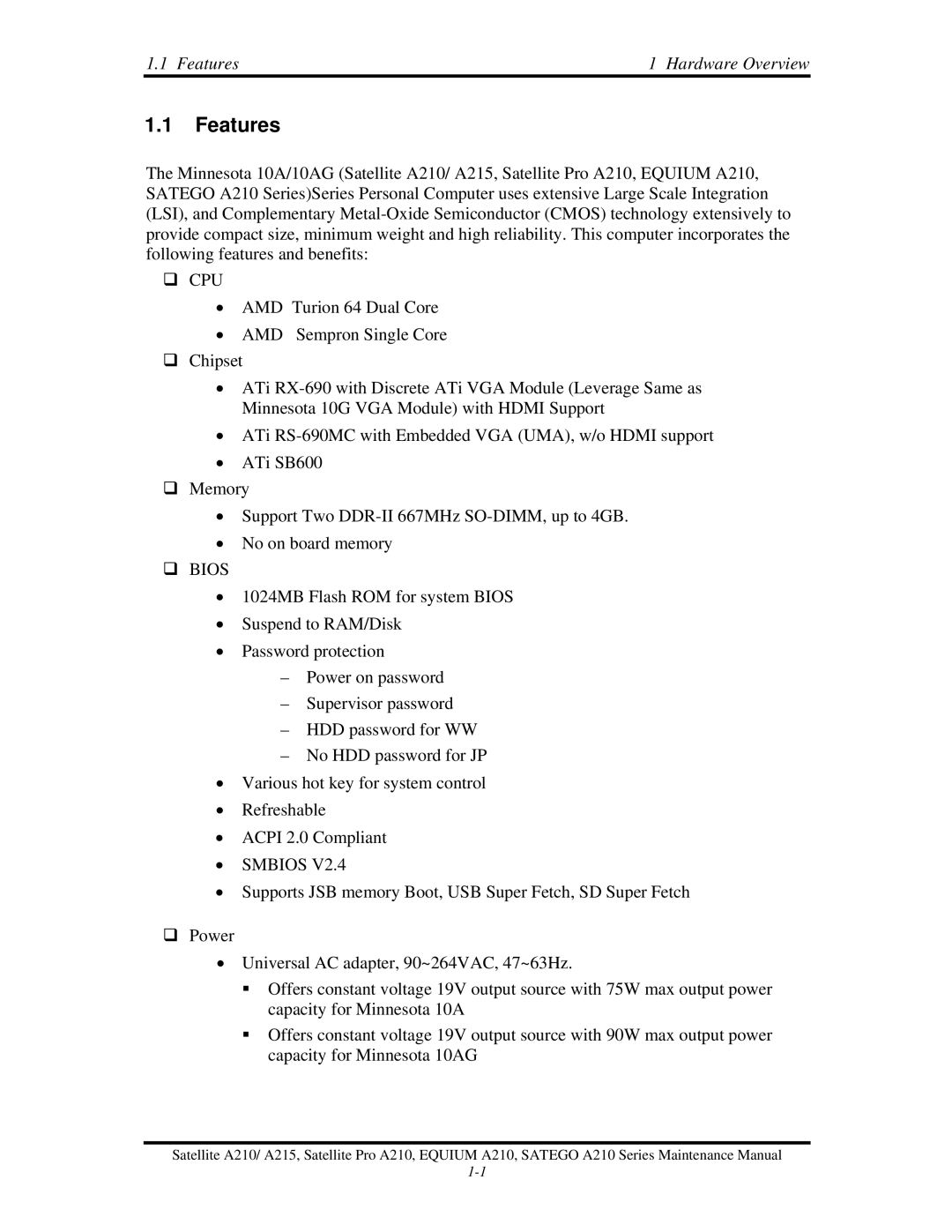 Toshiba a210 manual Features, ‰ Cpu 