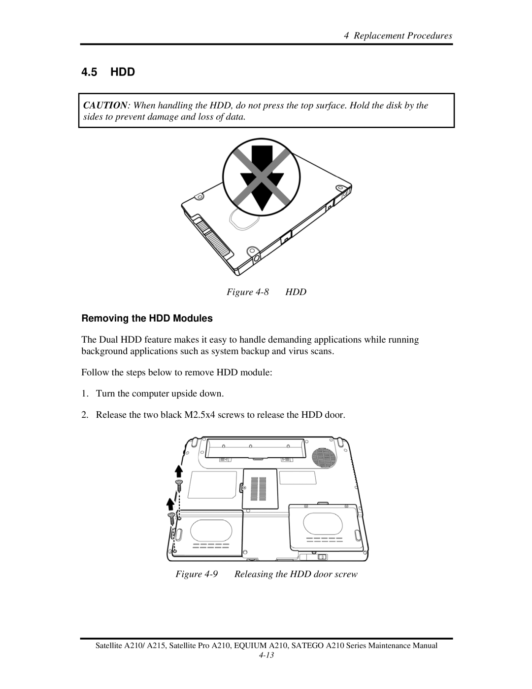 Toshiba a210 manual Hdd, Removing the HDD Modules 