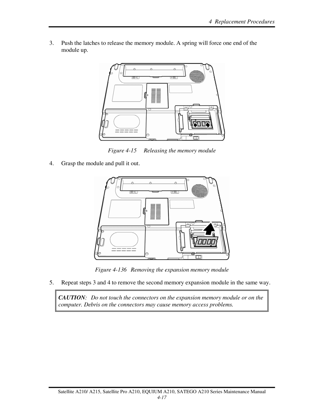 Toshiba a210 manual Releasing the memory module 