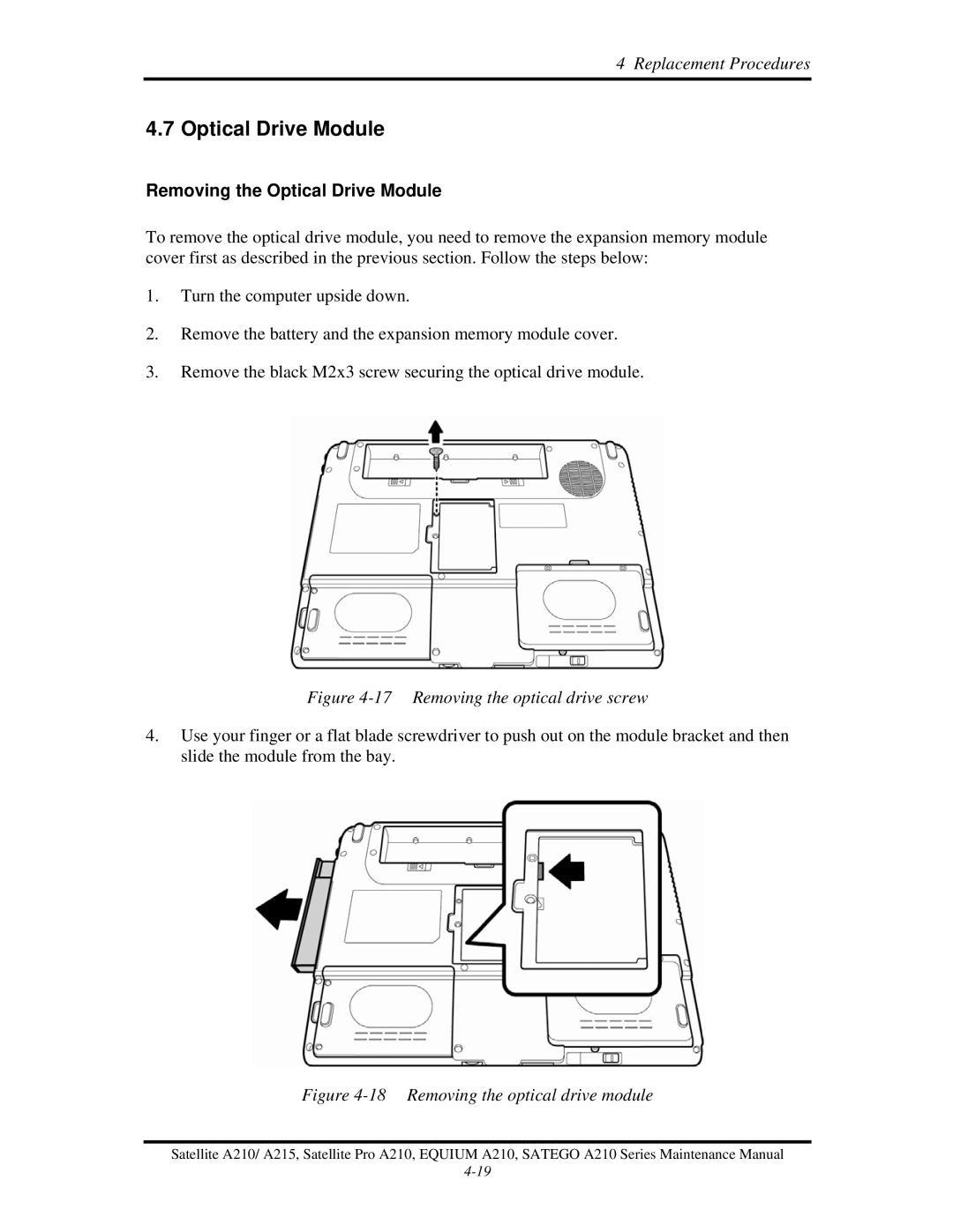 Toshiba a210 manual Removing the Optical Drive Module 