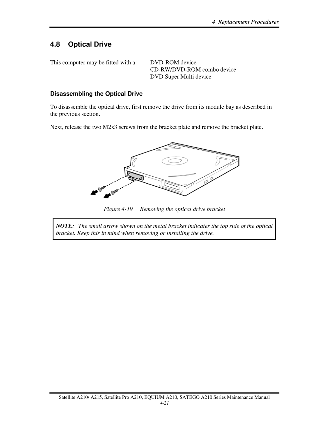 Toshiba a210 manual Disassembling the Optical Drive 