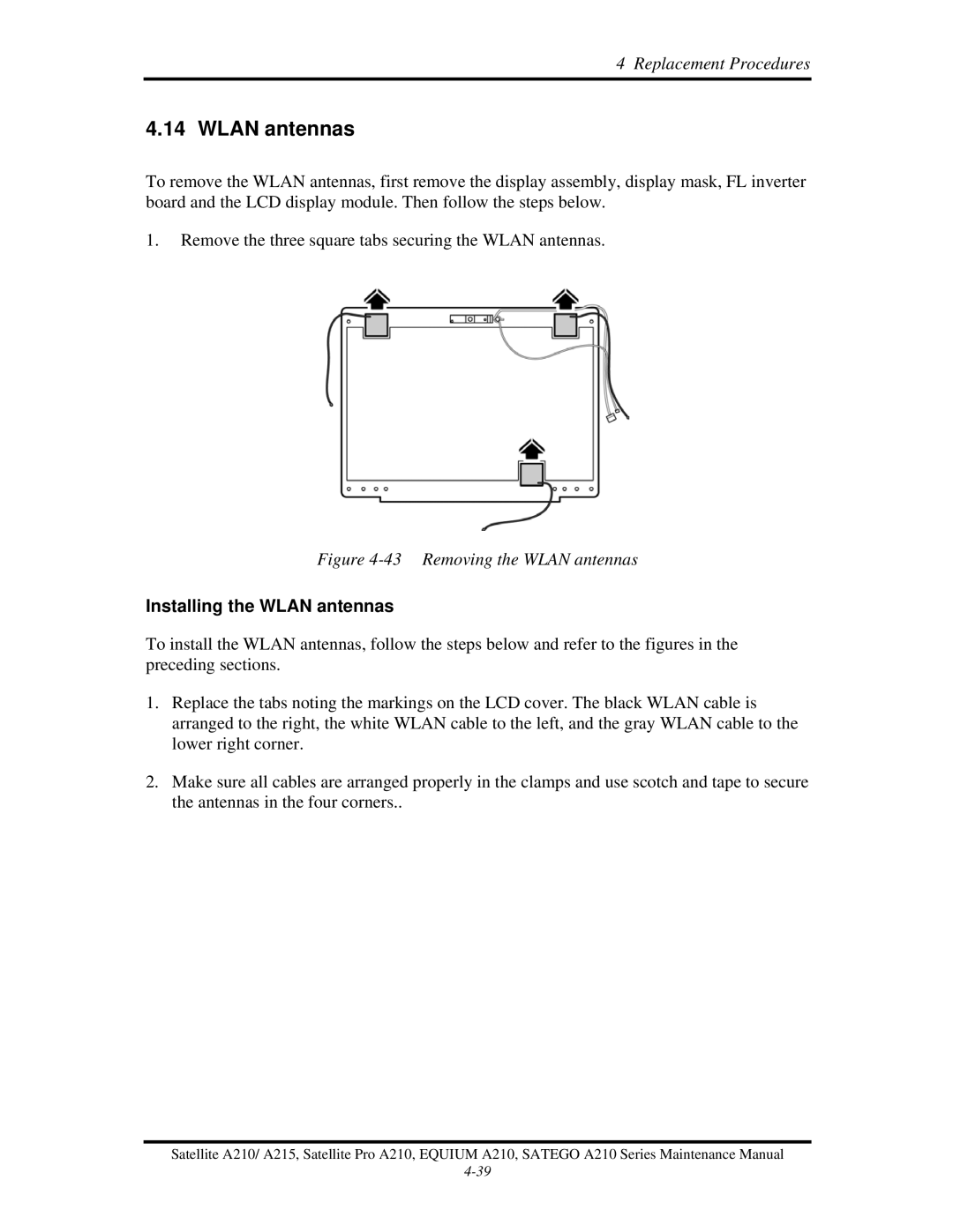 Toshiba a210 manual Installing the Wlan antennas 