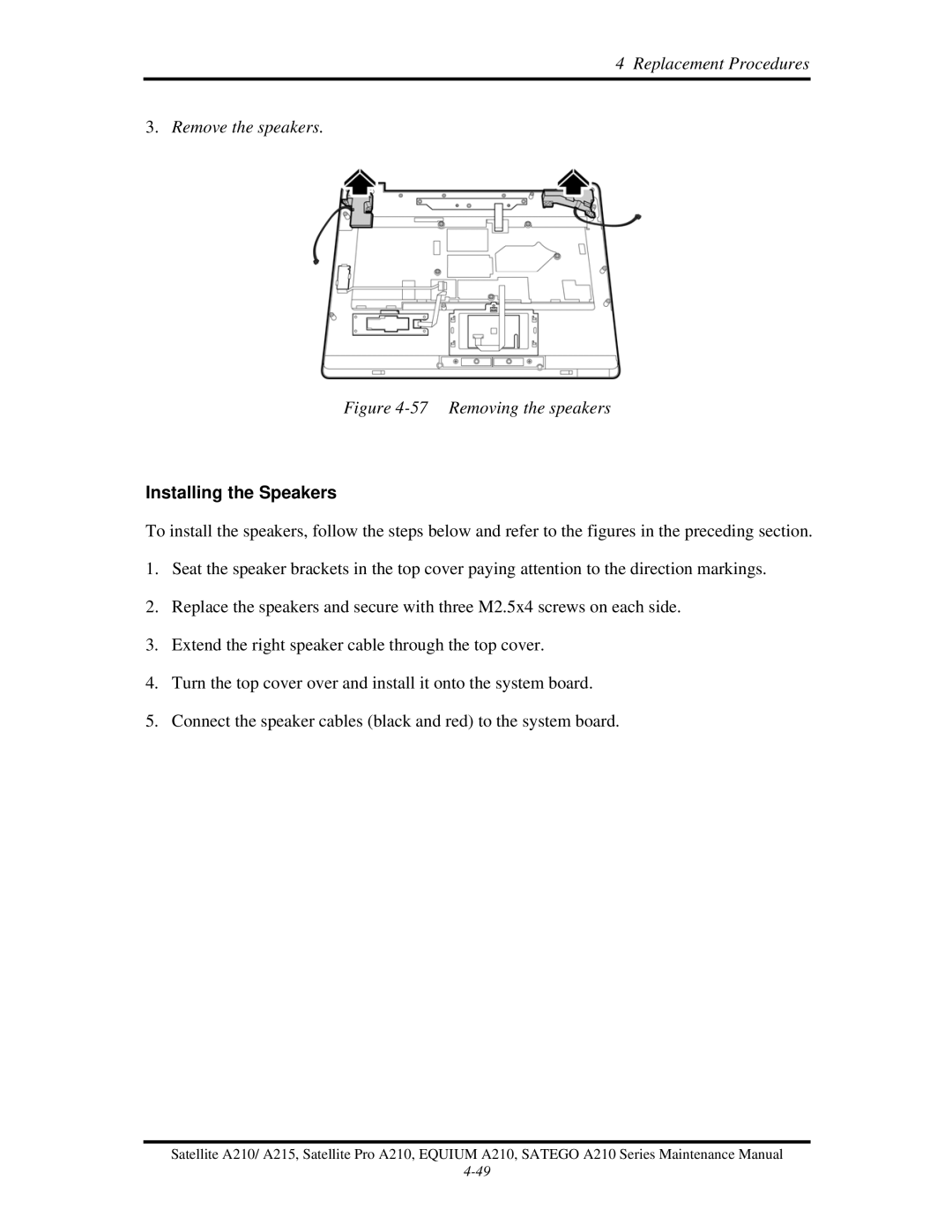 Toshiba a210 manual Removing the speakers, Installing the Speakers 