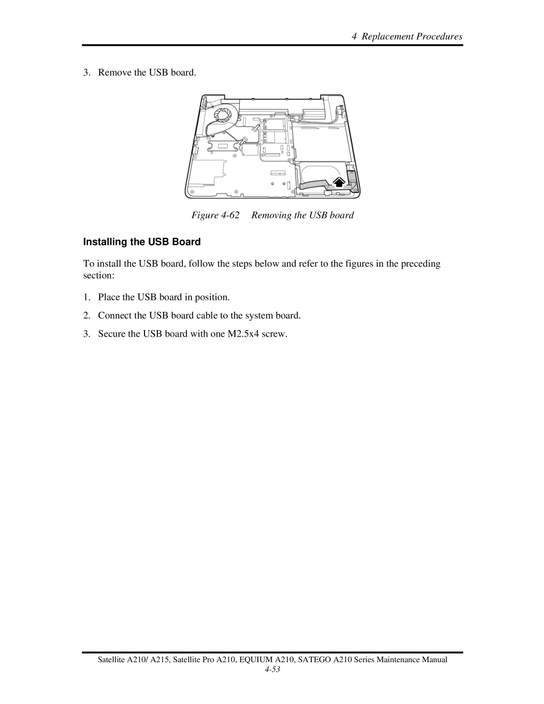 Toshiba a210 manual Removing the USB board, Installing the USB Board 