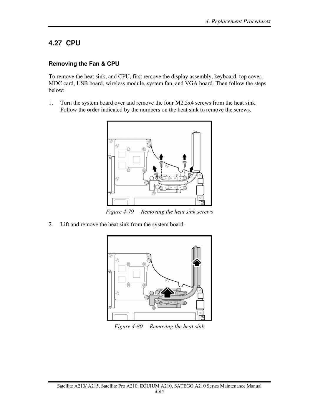 Toshiba a210 manual 27 CPU, Removing the Fan & CPU 