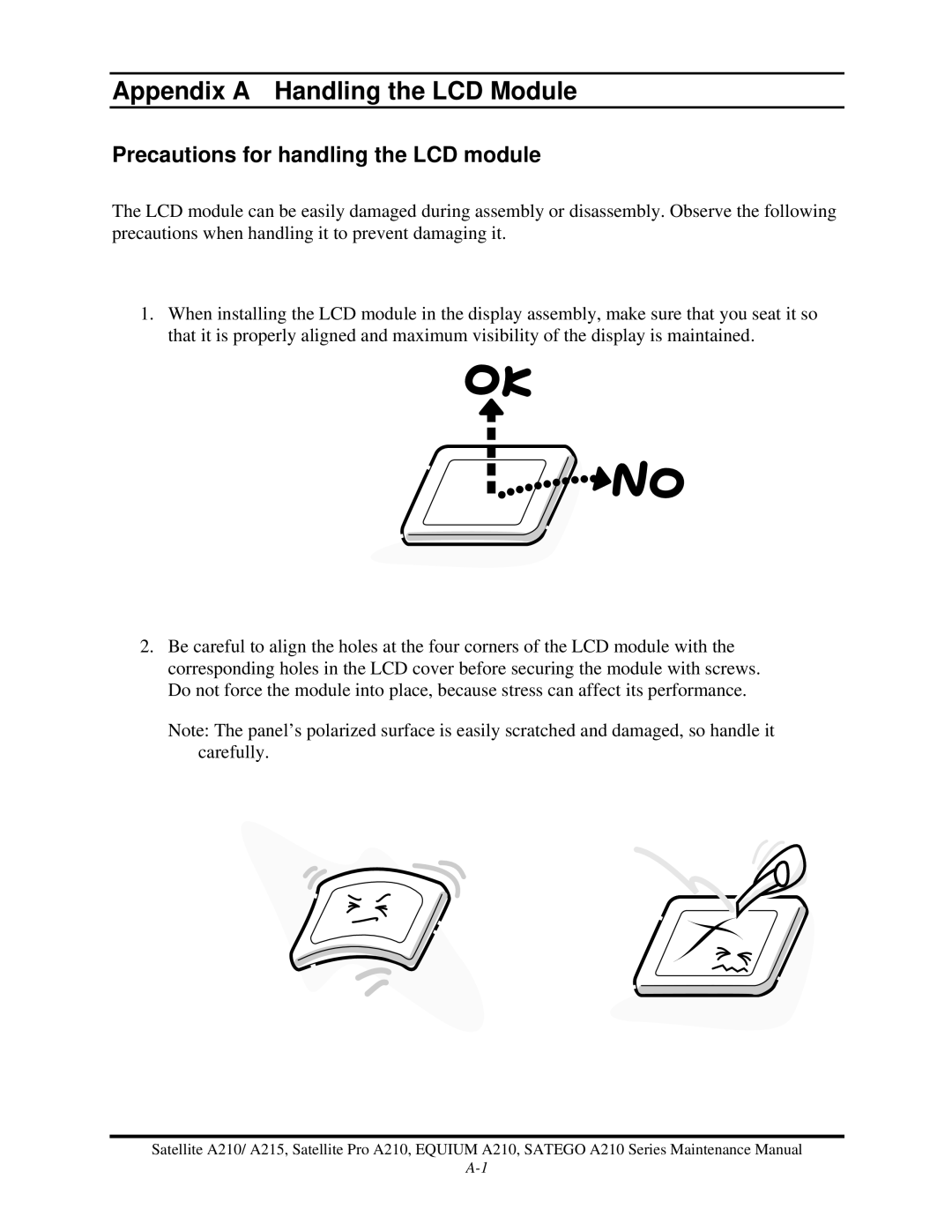 Toshiba a210 manual Appendix a Handling the LCD Module, Precautions for handling the LCD module 