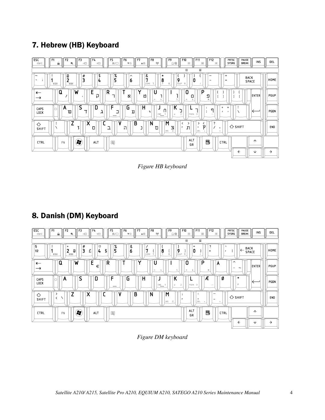 Toshiba a210 manual Hebrew HB Keyboard, Danish DM Keyboard 