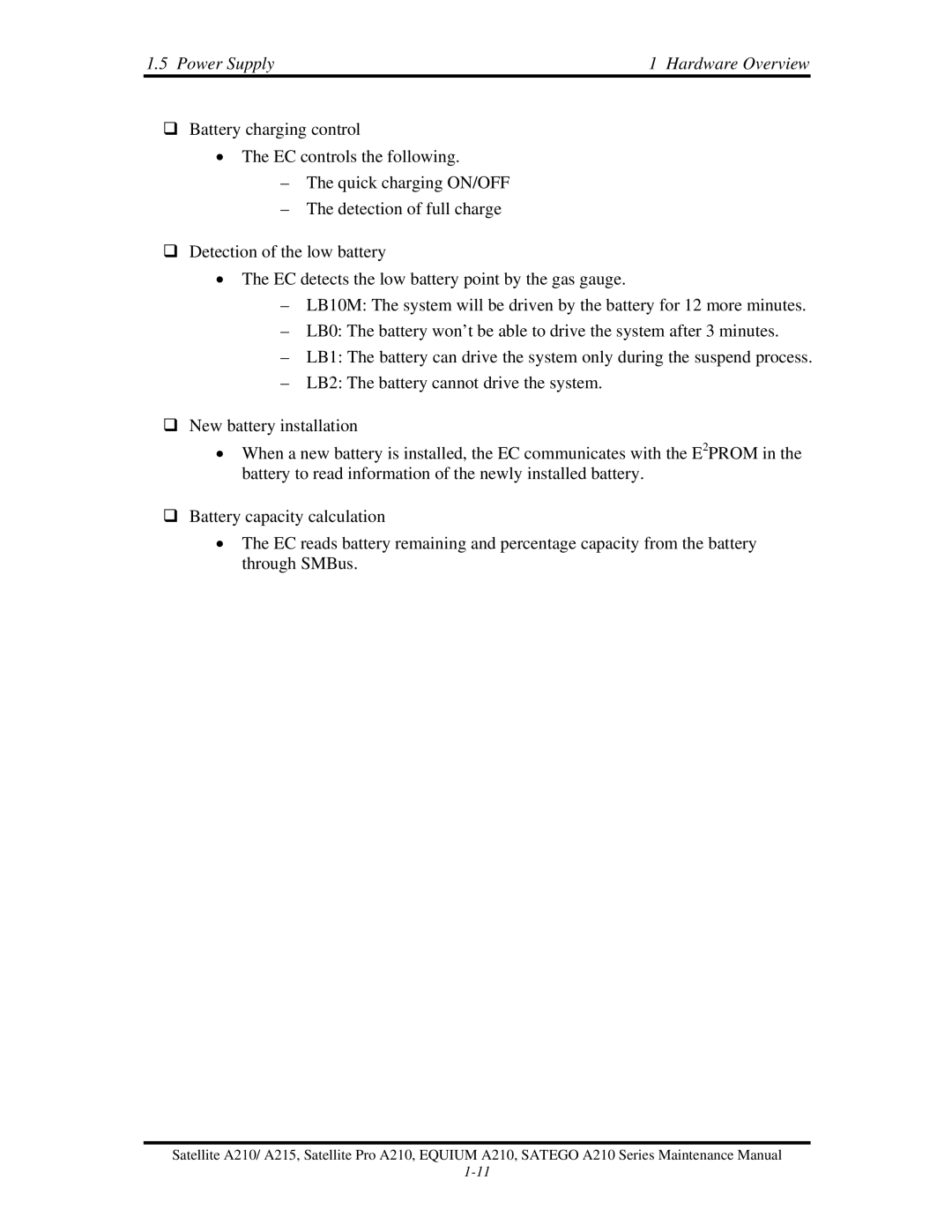 Toshiba a210 manual Power Supply Hardware Overview 