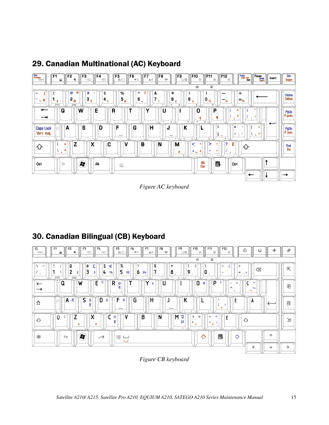 Toshiba a210 manual Canadian Multinational AC Keyboard, Canadian Bilingual CB Keyboard 