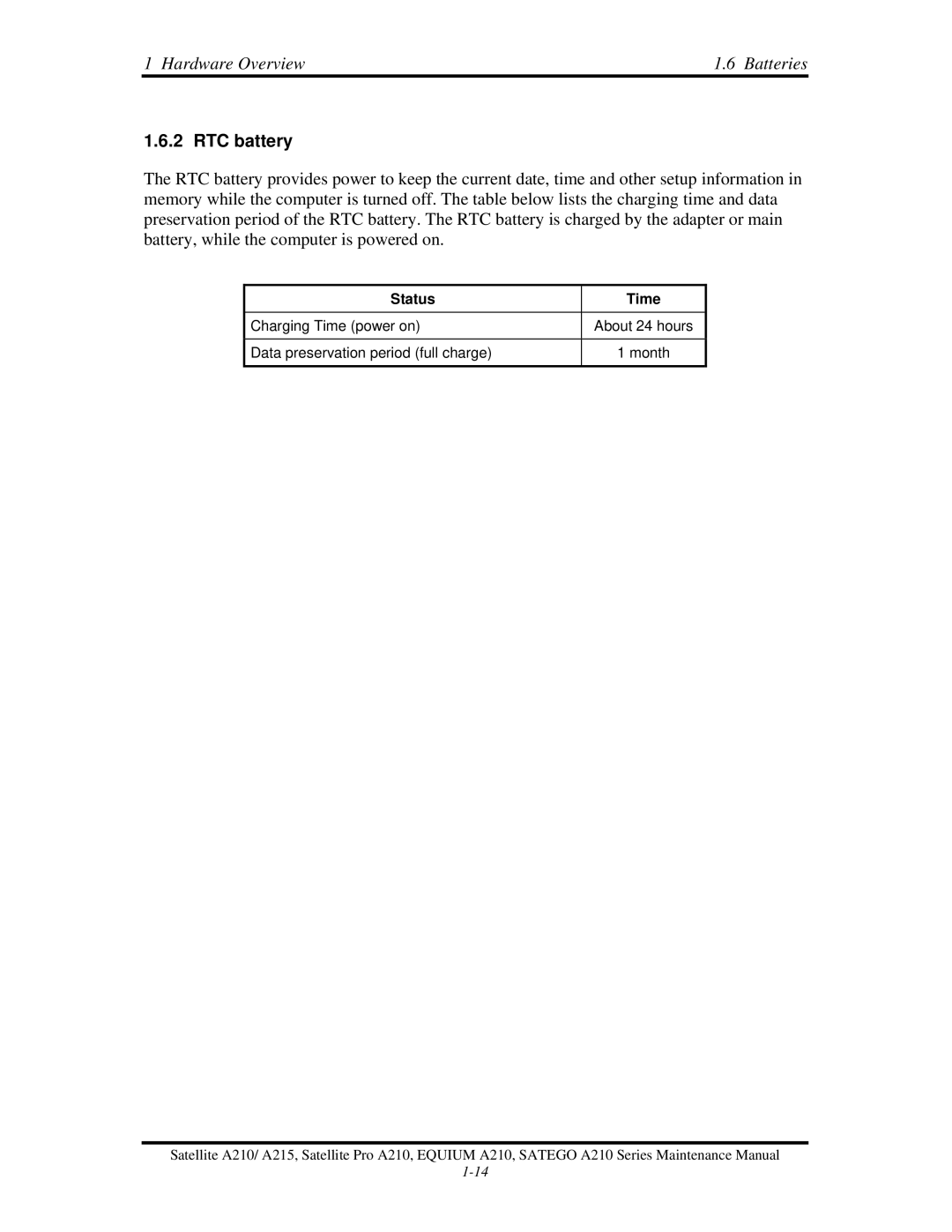 Toshiba a210 manual RTC battery, Status Time 