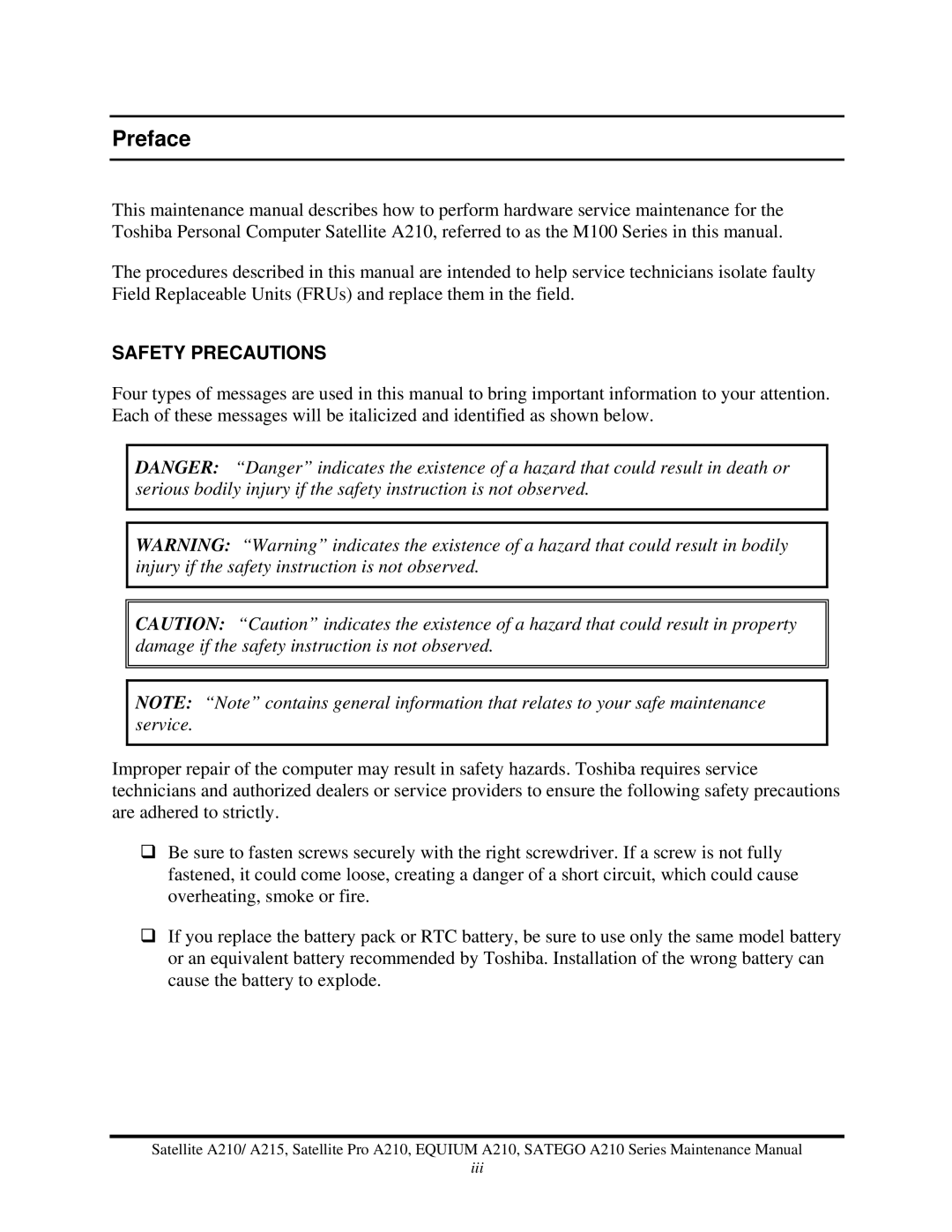 Toshiba a210 manual Preface, Safety Precautions 