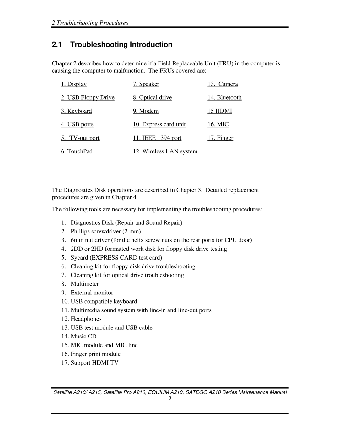 Toshiba a210 manual Troubleshooting Introduction, Mic 