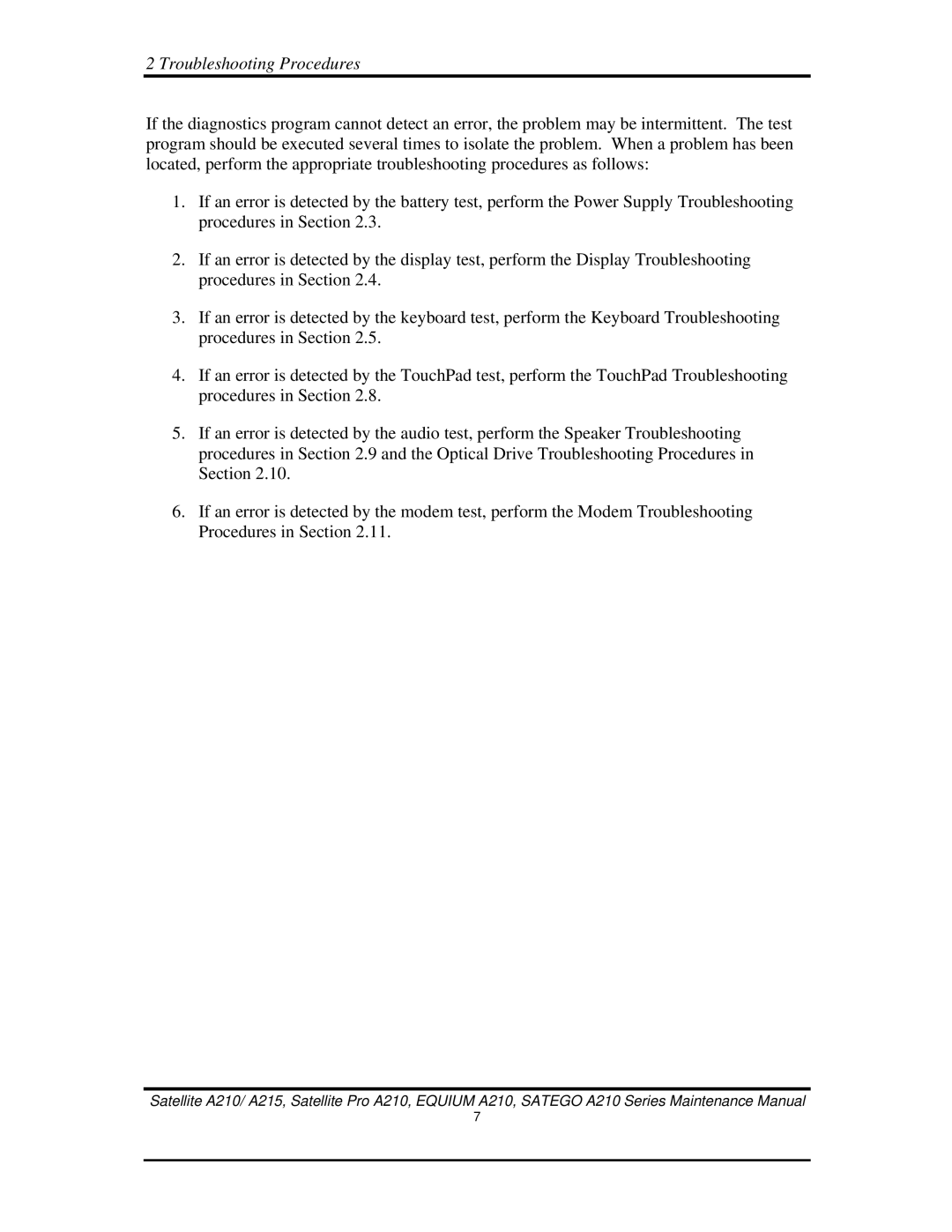 Toshiba a210 manual Troubleshooting Procedures 