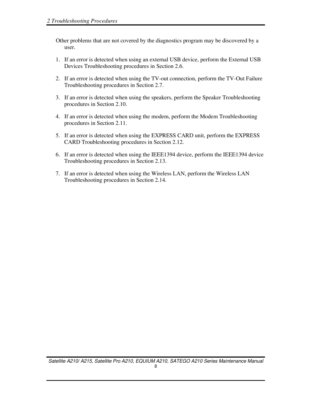 Toshiba a210 manual Troubleshooting Procedures 