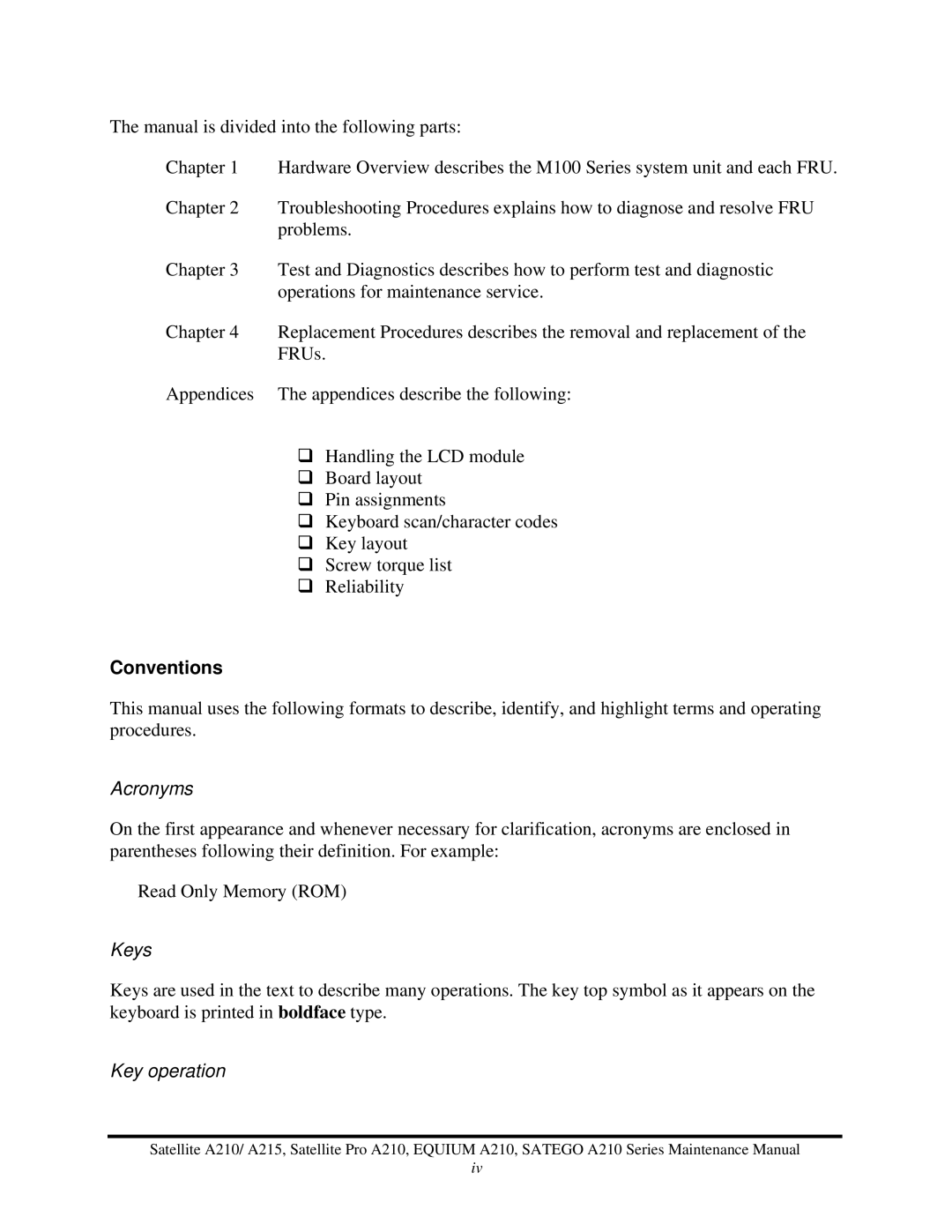 Toshiba a210 manual Acronyms, Keys Key operation 