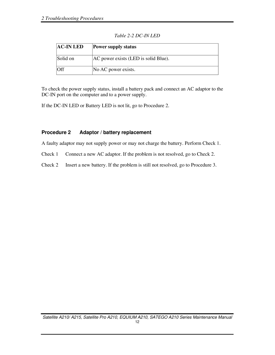 Toshiba a210 manual Ac-In Led, Procedure 2 Adaptor / battery replacement 