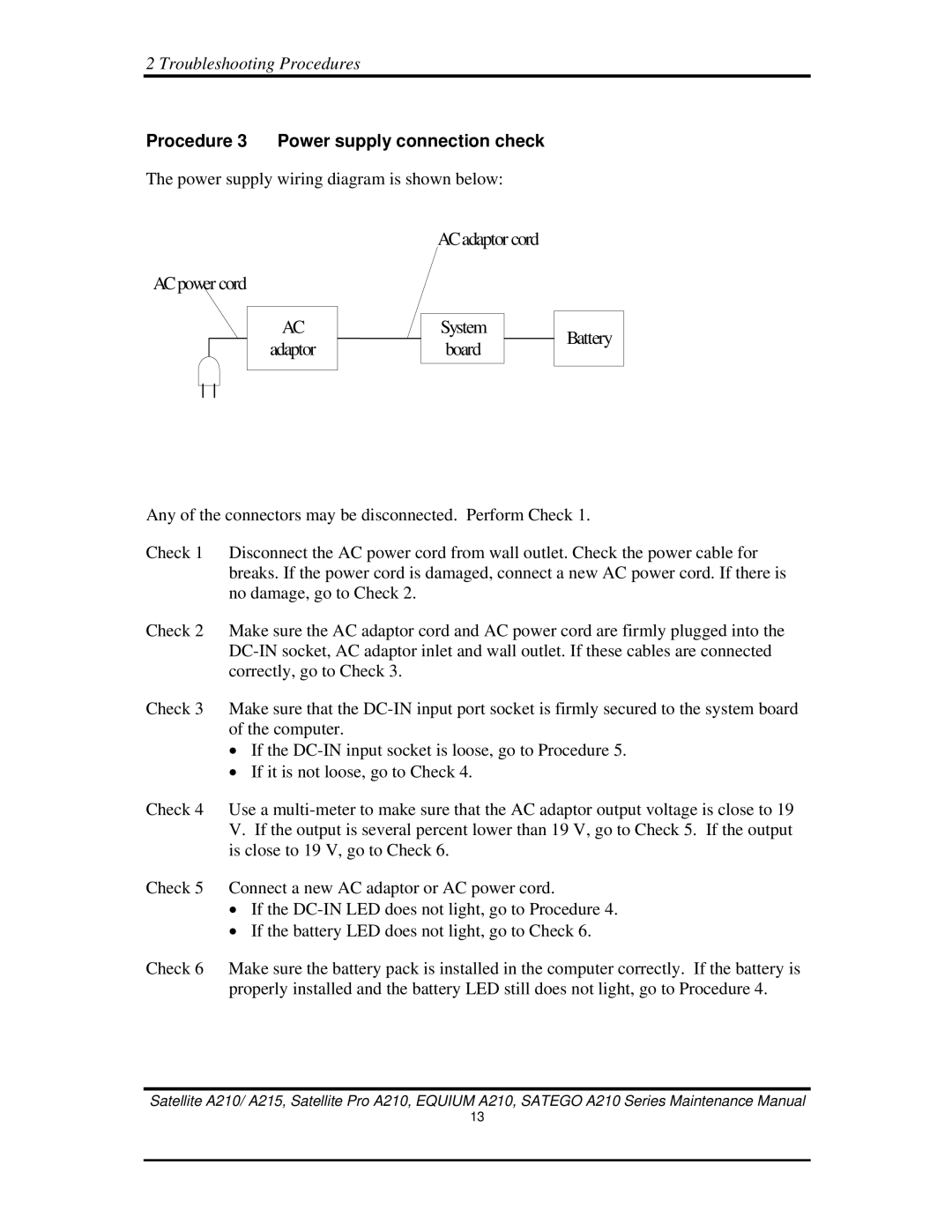 Toshiba a210 manual AC adaptor cord System board Battery, Procedure 3 Power supply connection check 