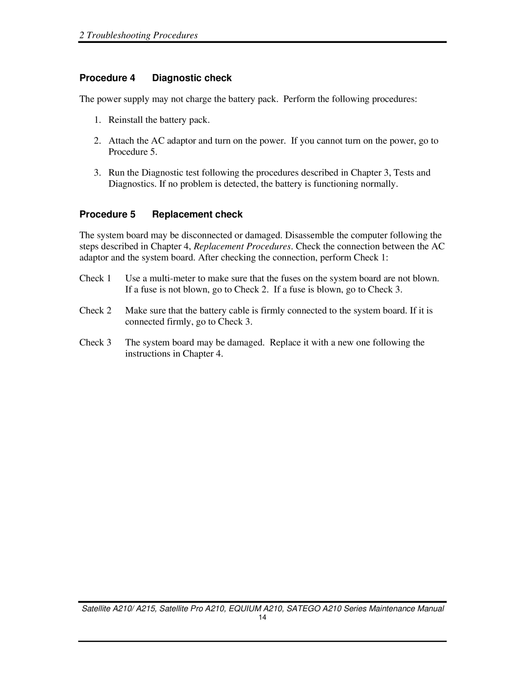 Toshiba a210 manual Procedure 4 Diagnostic check, Procedure 5 Replacement check 