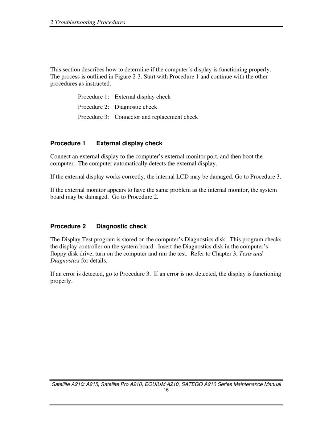 Toshiba a210 manual Procedure 1 External display check, Procedure 2 Diagnostic check 