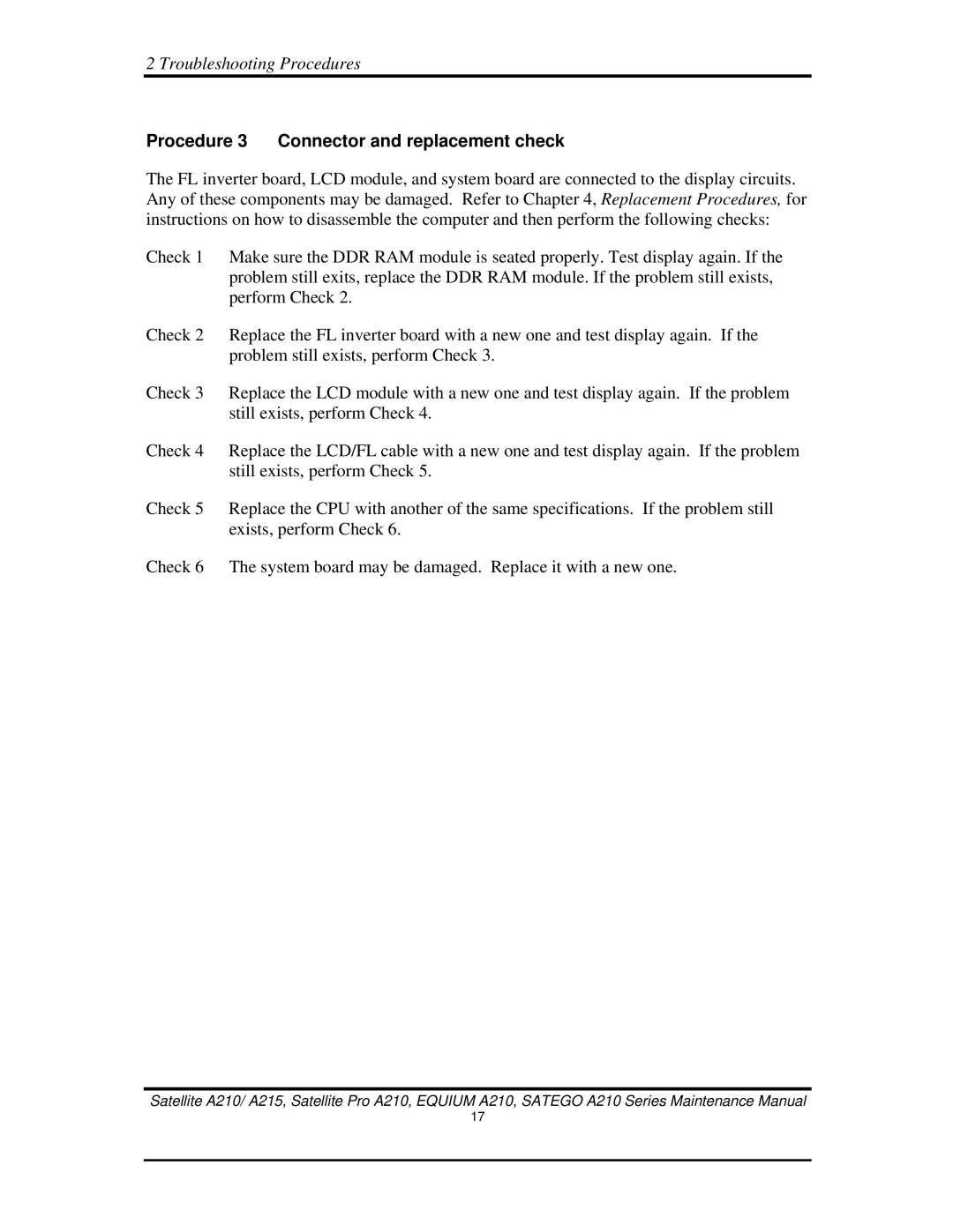 Toshiba a210 manual Procedure 3 Connector and replacement check 