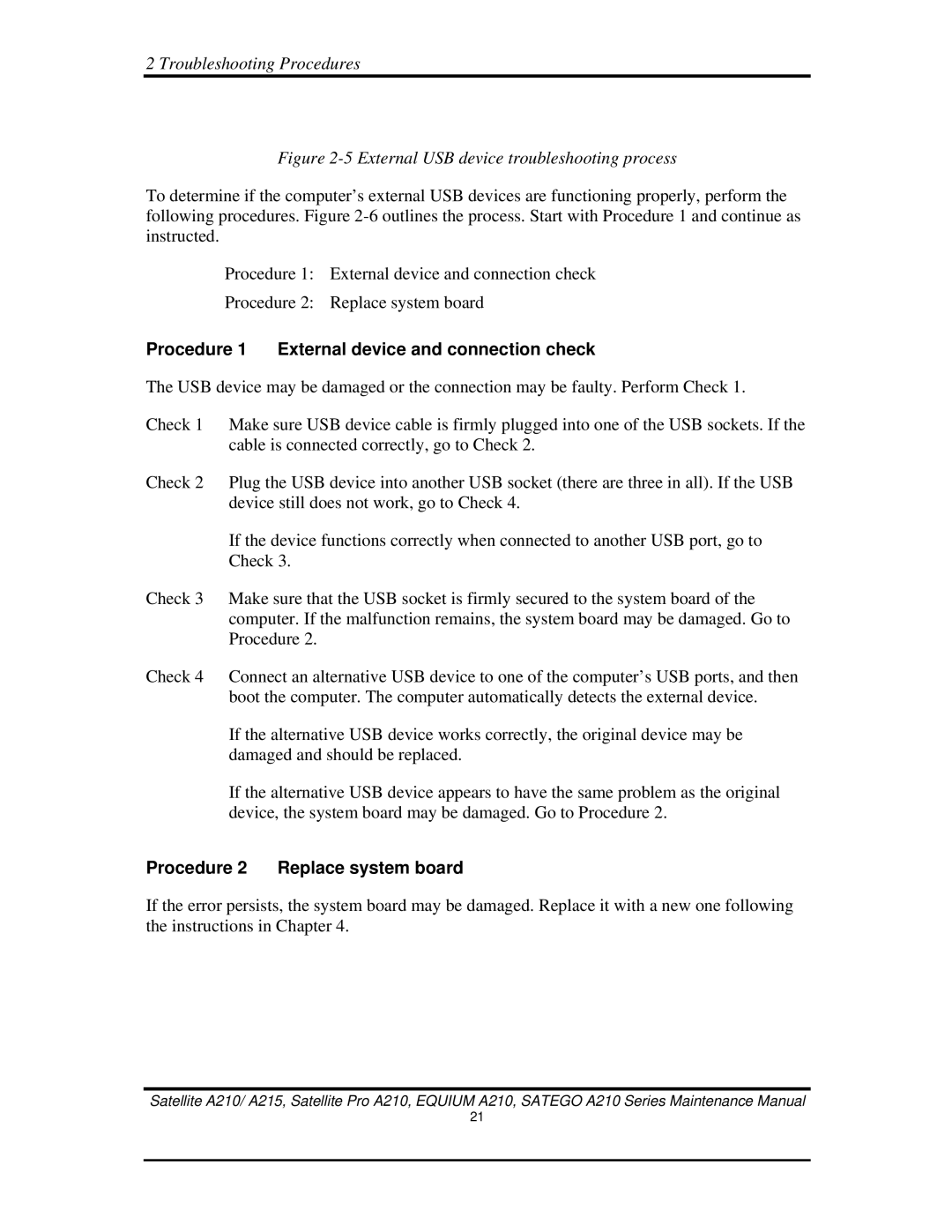Toshiba a210 manual Procedure 1 External device and connection check, Procedure 2 Replace system board 