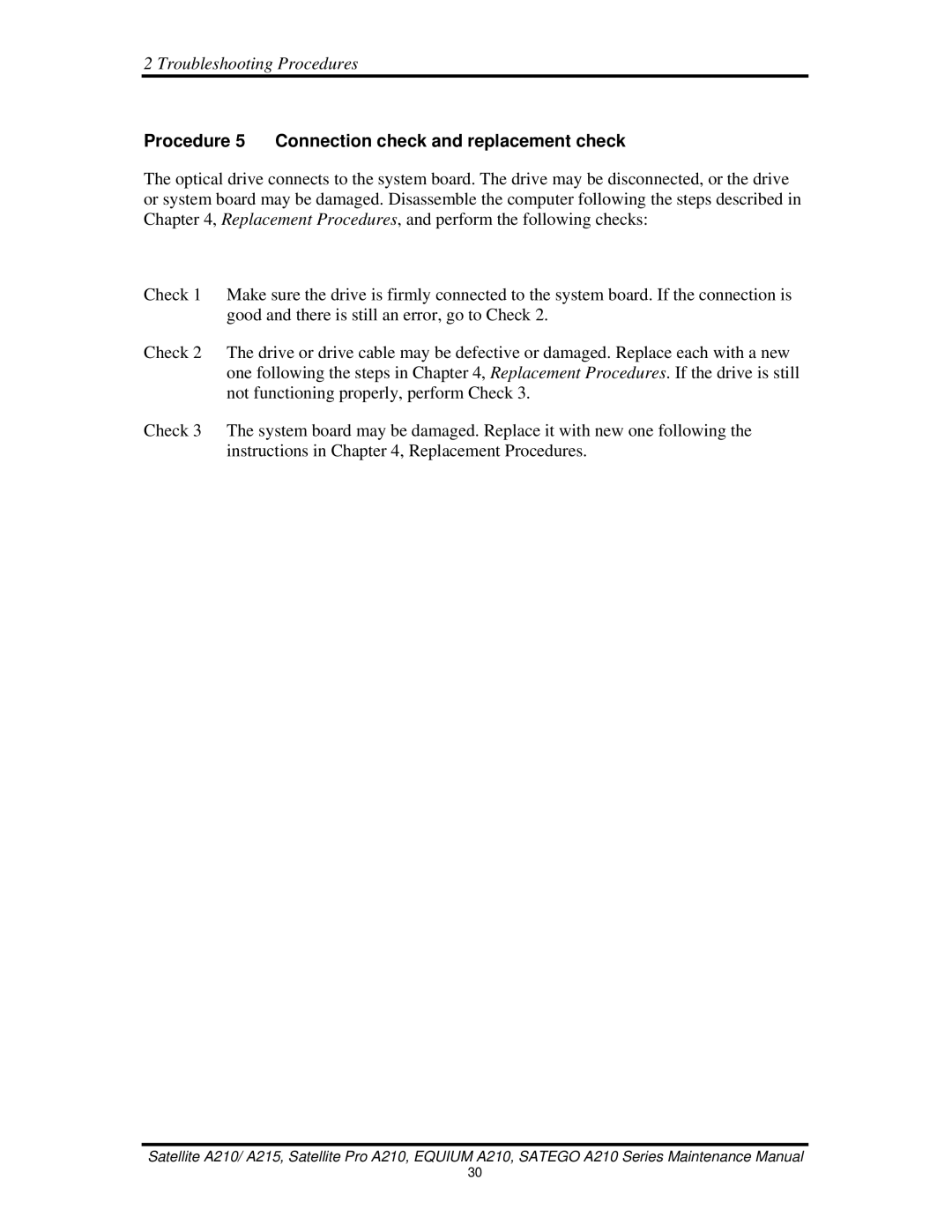 Toshiba a210 manual Procedure 5 Connection check and replacement check 