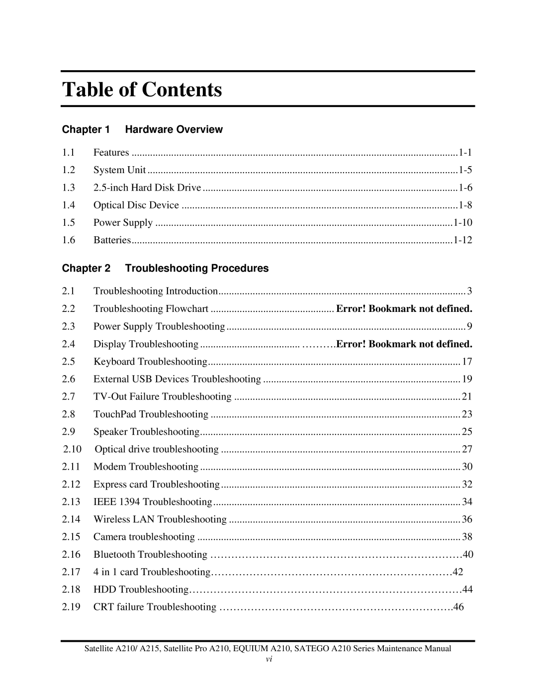 Toshiba a210 manual Table of Contents 