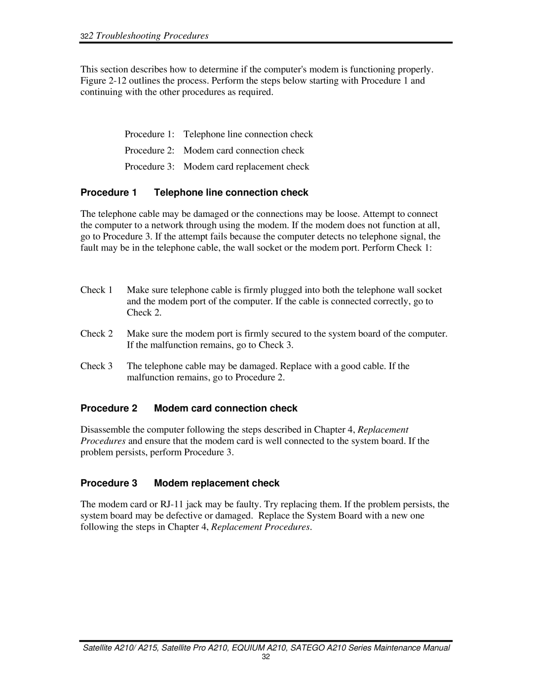 Toshiba a210 manual Procedure 1 Telephone line connection check, Procedure 2 Modem card connection check 