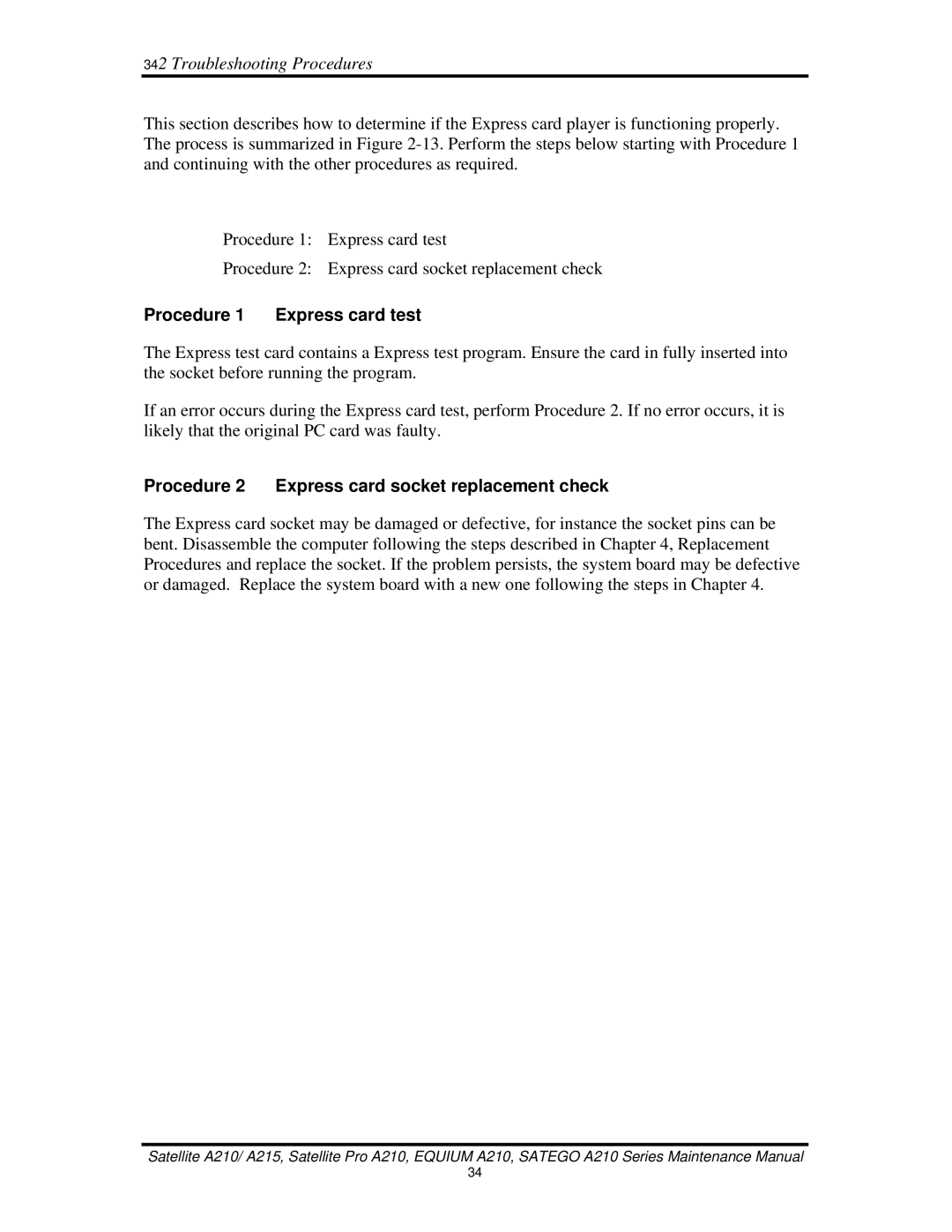 Toshiba a210 manual Procedure 1 Express card test, Procedure 2 Express card socket replacement check 