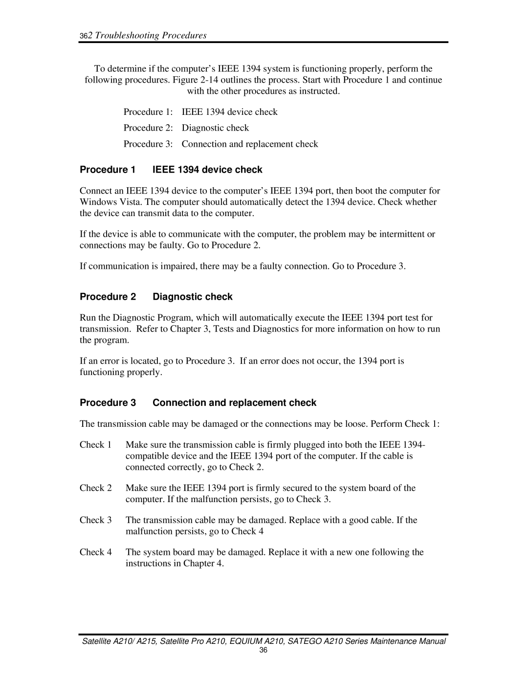 Toshiba a210 manual Procedure 1 Ieee 1394 device check, Procedure 3 Connection and replacement check 