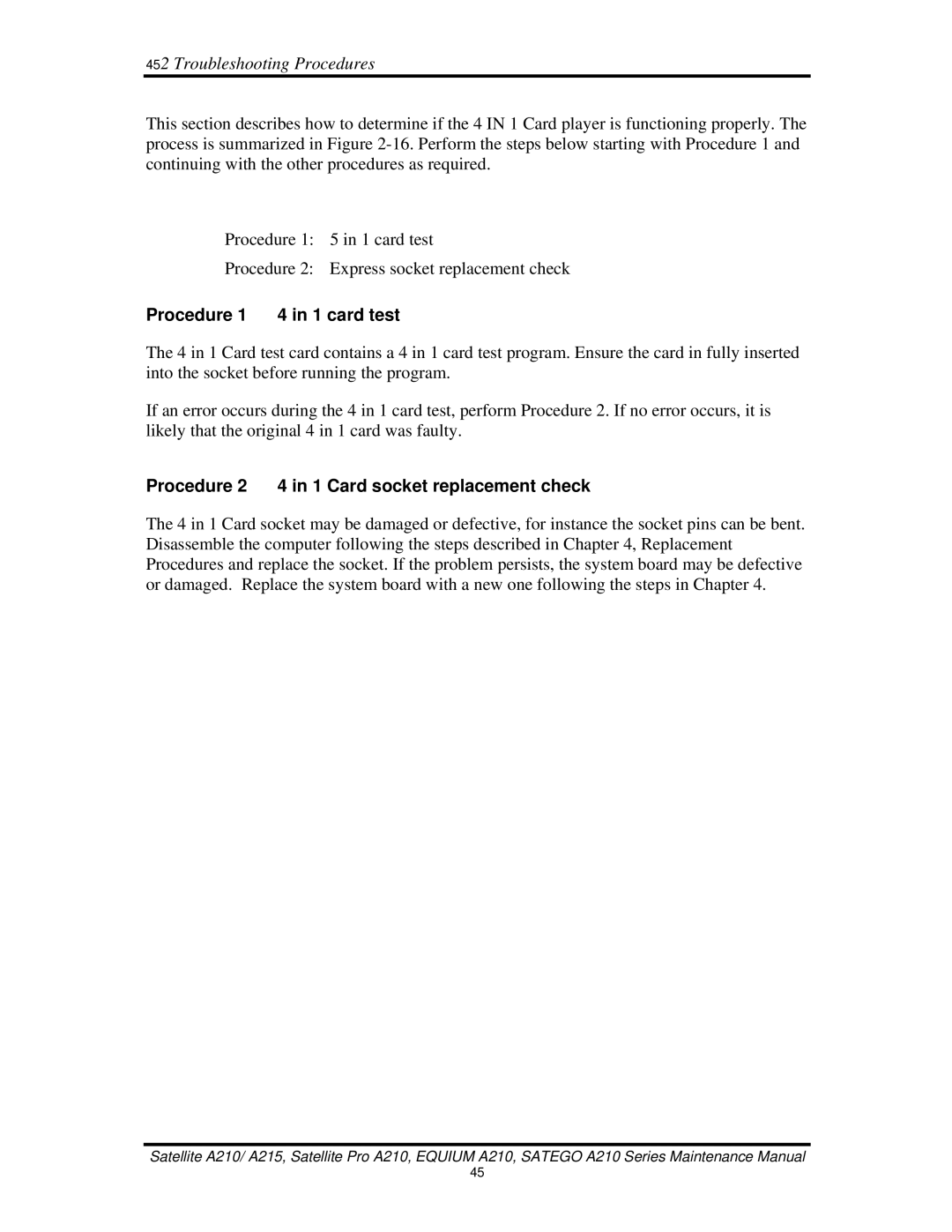 Toshiba a210 manual Procedure 1 card test, Procedure 2 4 in 1 Card socket replacement check 