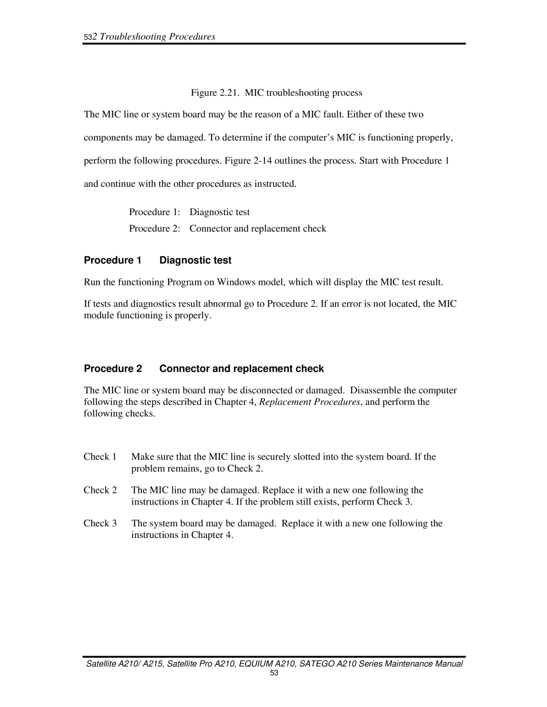 Toshiba a210 manual Procedure Diagnostic test 