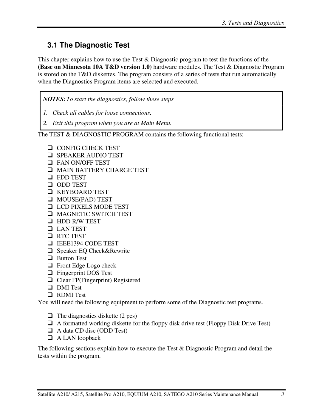 Toshiba a210 manual Diagnostic Test 