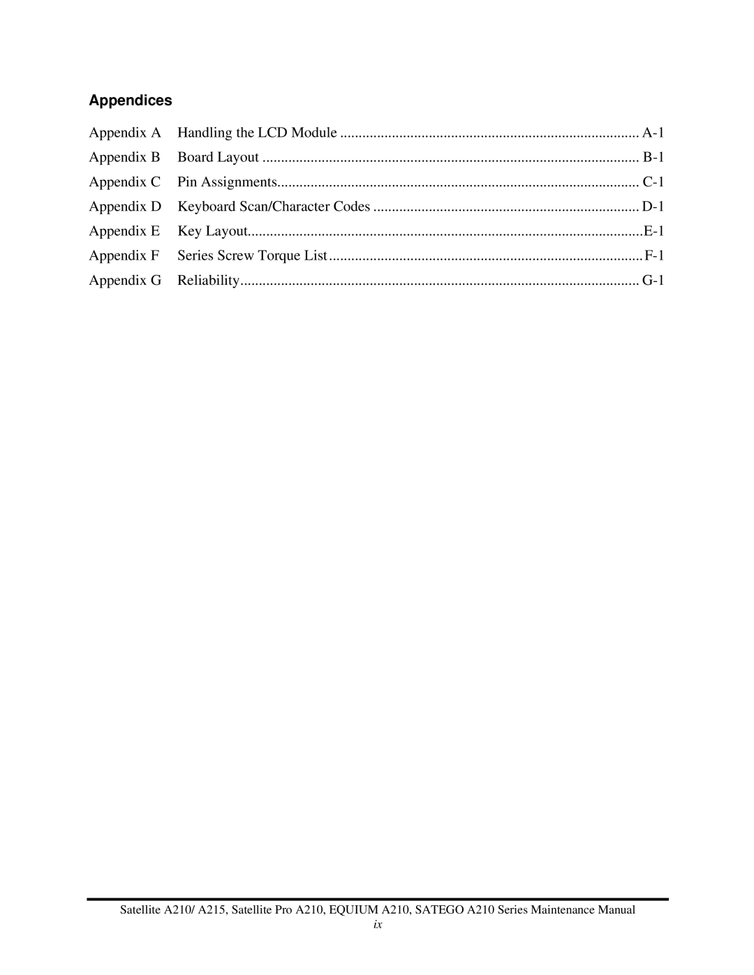 Toshiba a210 manual Appendices 