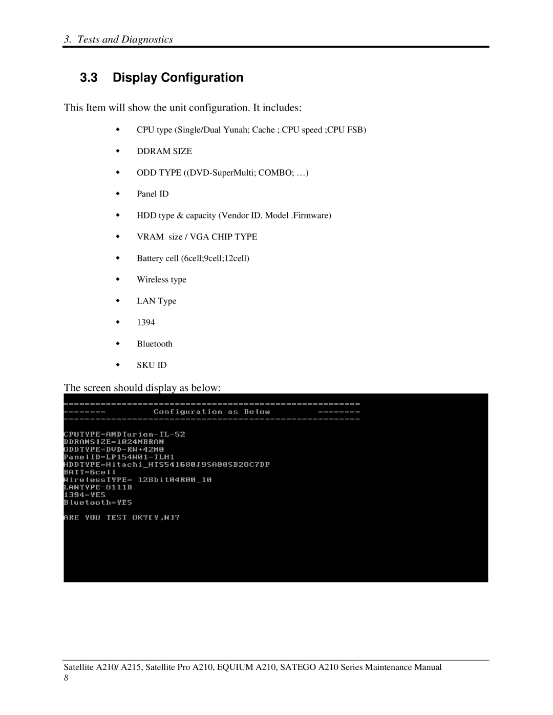 Toshiba a210 manual Display Configuration, This Item will show the unit configuration. It includes 