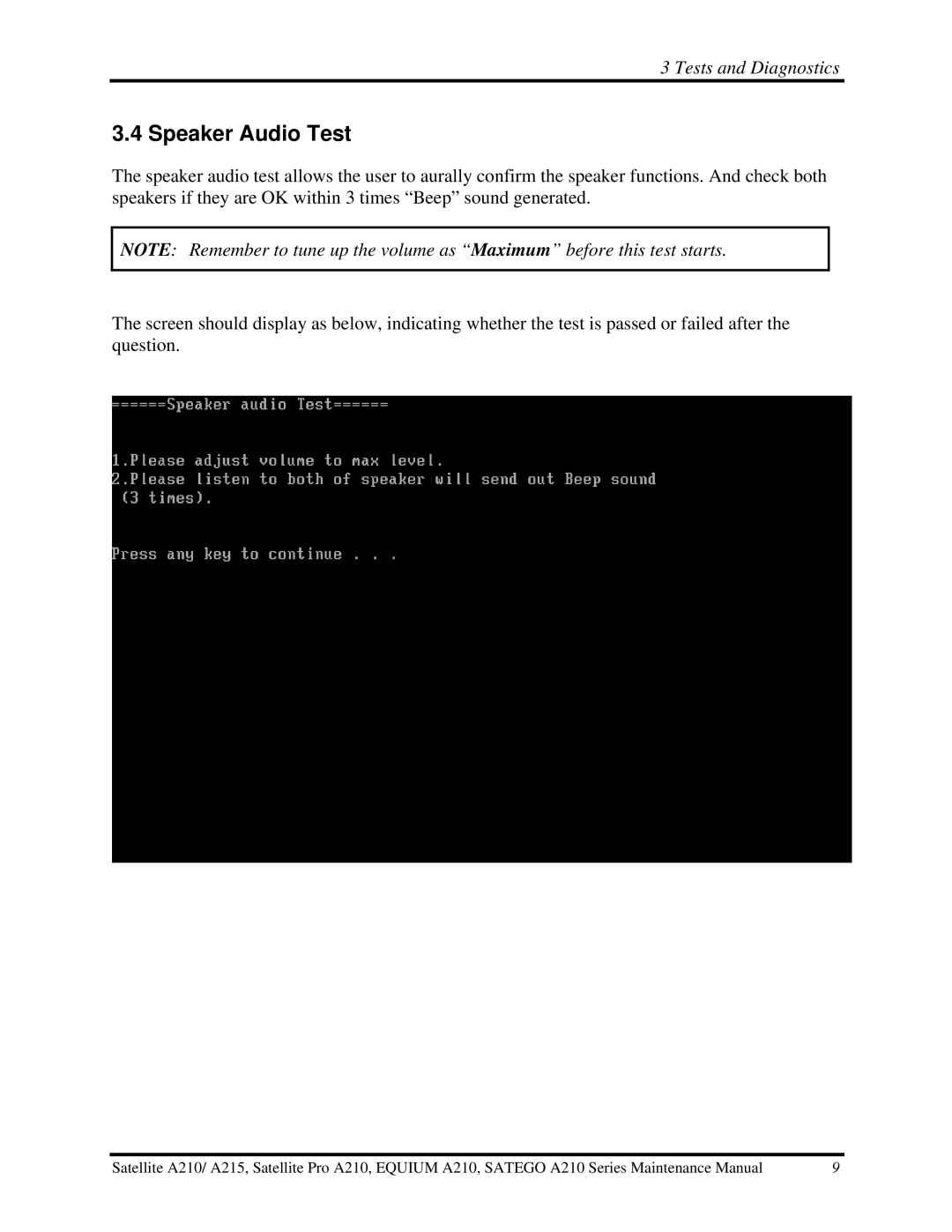 Toshiba a210 manual Speaker Audio Test 
