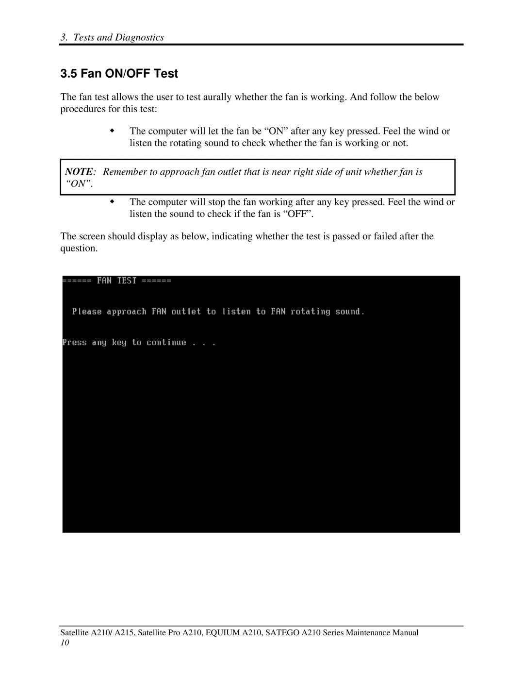 Toshiba a210 manual Fan ON/OFF Test 