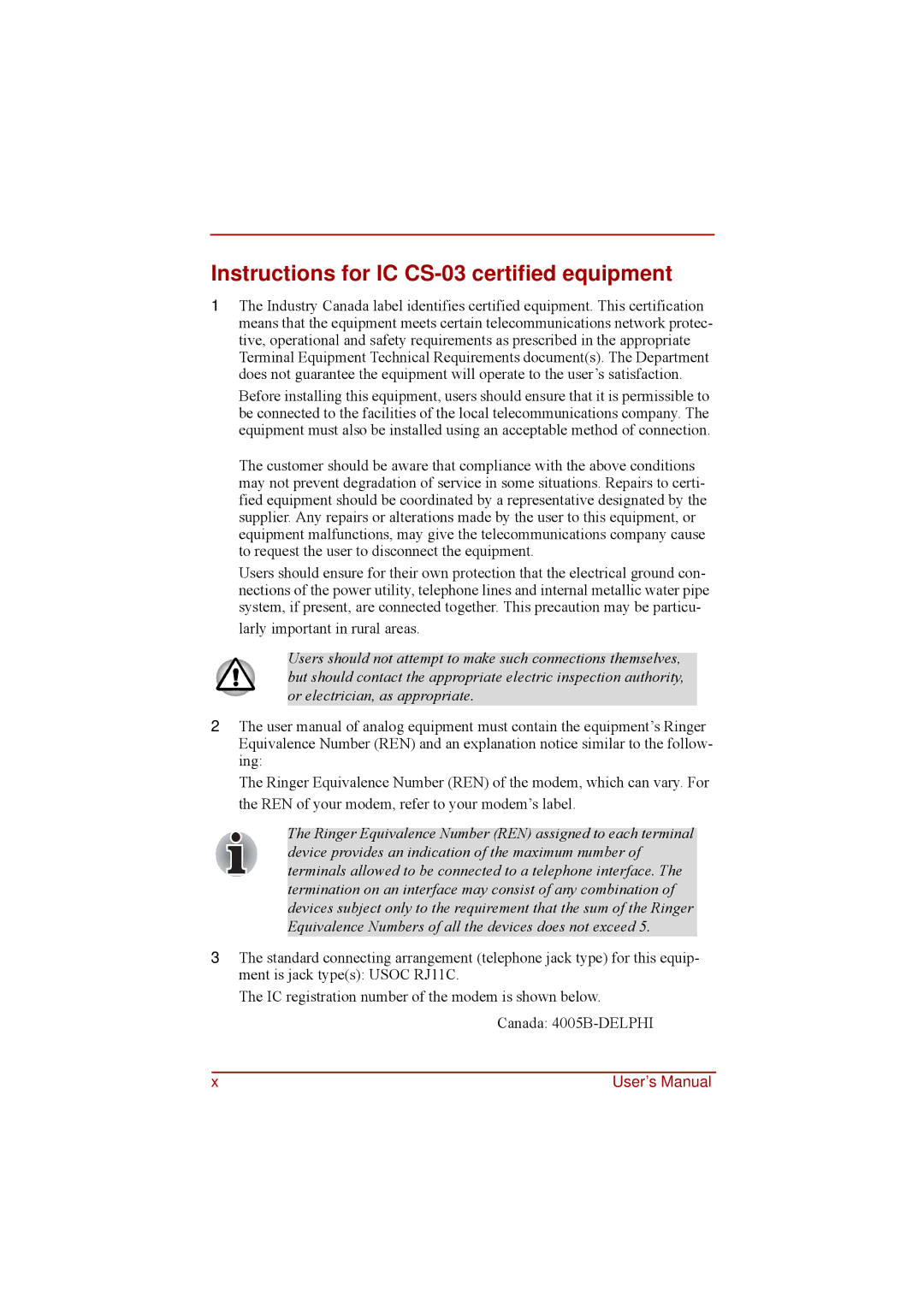 Toshiba a210 user manual Instructions for IC CS-03 certified equipment 