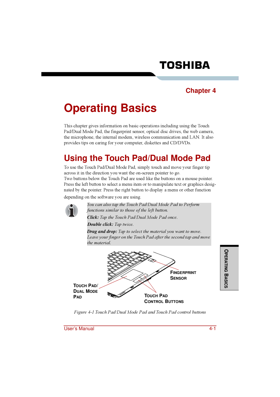 Toshiba a210 user manual Operating Basics, Using the Touch Pad/Dual Mode Pad 