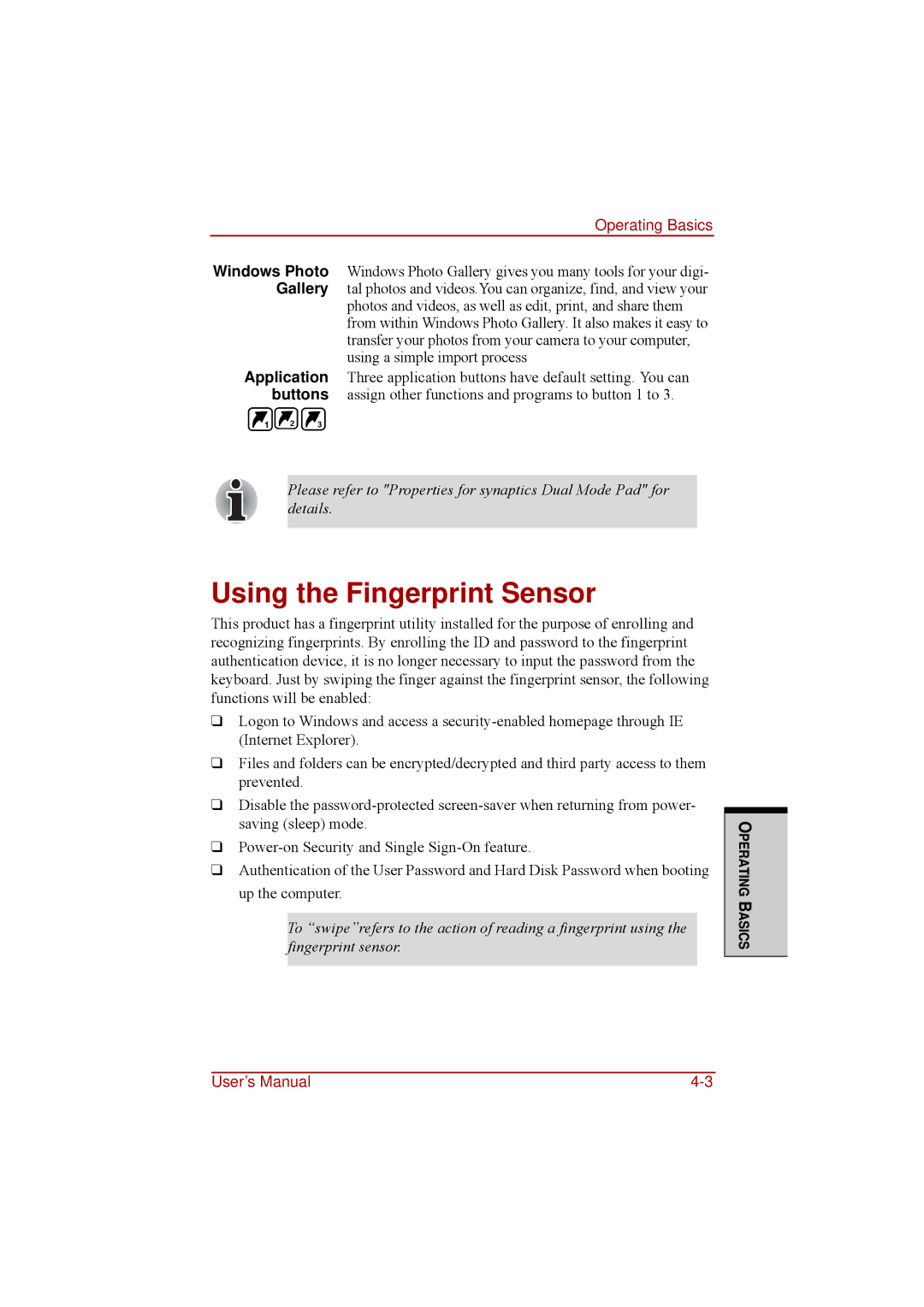 Toshiba a210 user manual Using the Fingerprint Sensor 