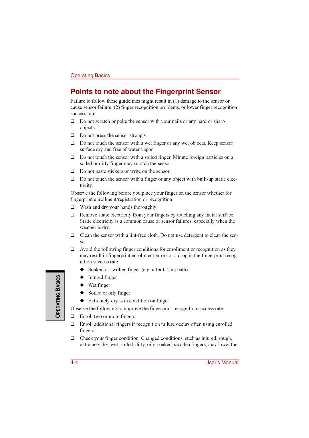 Toshiba a210 user manual Points to note about the Fingerprint Sensor 