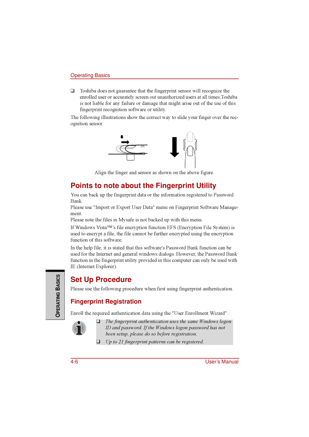 Toshiba a210 user manual Points to note about the Fingerprint Utility, Set Up Procedure, Fingerprint Registration 