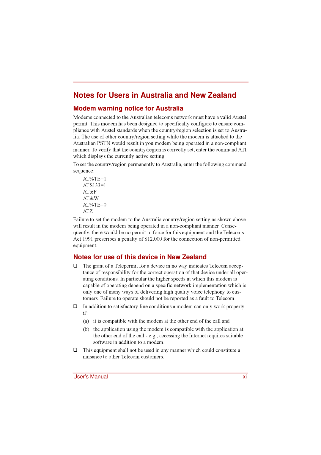 Toshiba a210 user manual Modem warning notice for Australia, AT&F AT&W AT%TE=0 ATZ 