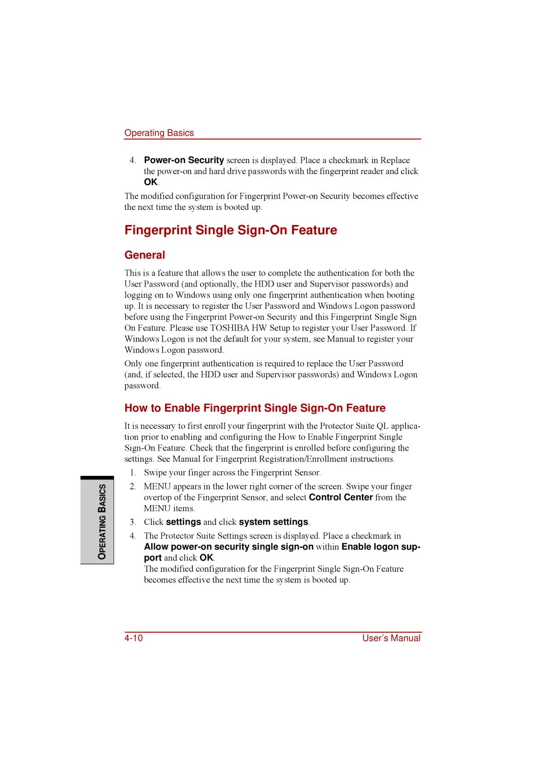 Toshiba a210 user manual How to Enable Fingerprint Single Sign-On Feature, Click settings and click system settings 