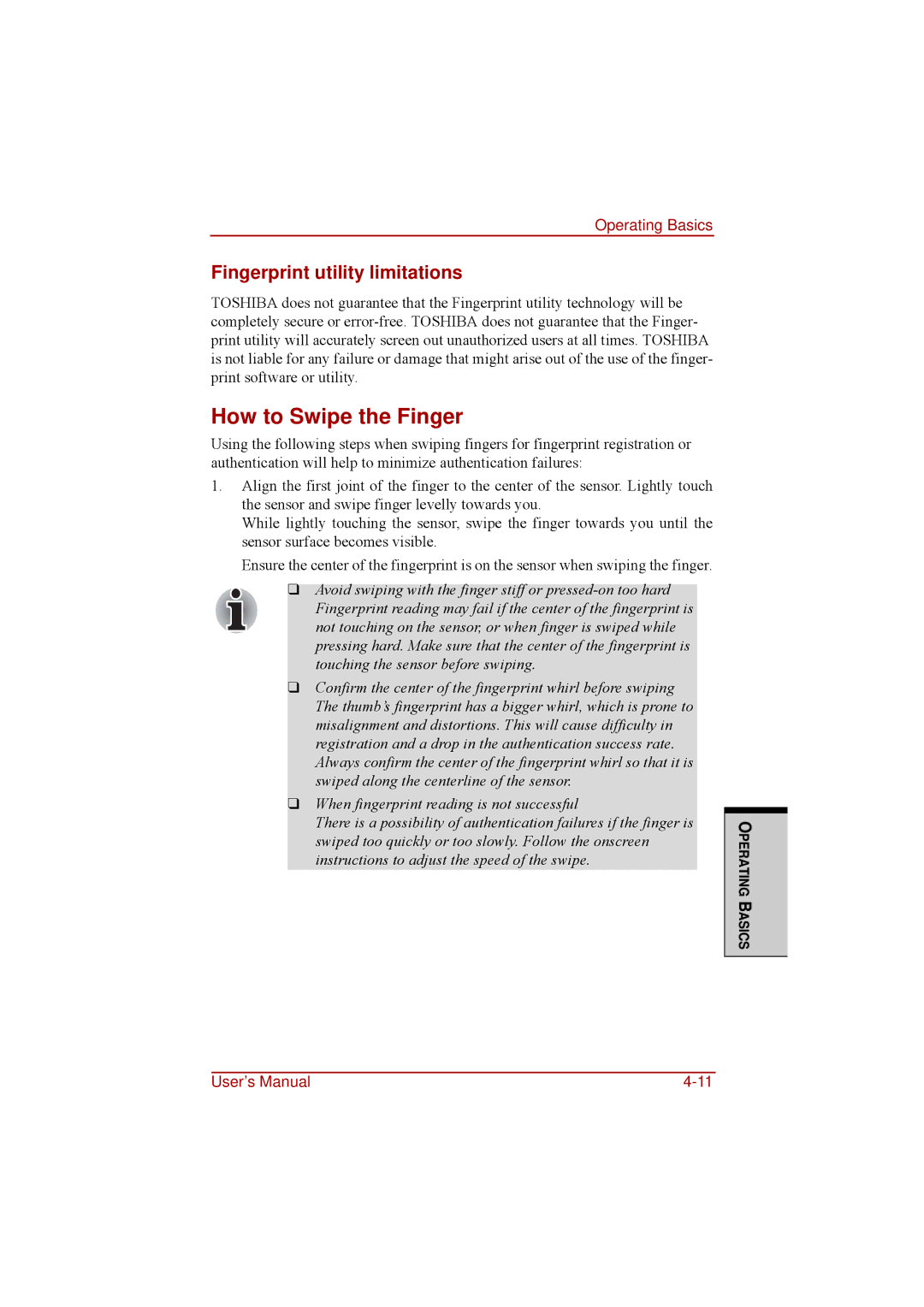 Toshiba a210 user manual How to Swipe the Finger, Fingerprint utility limitations 