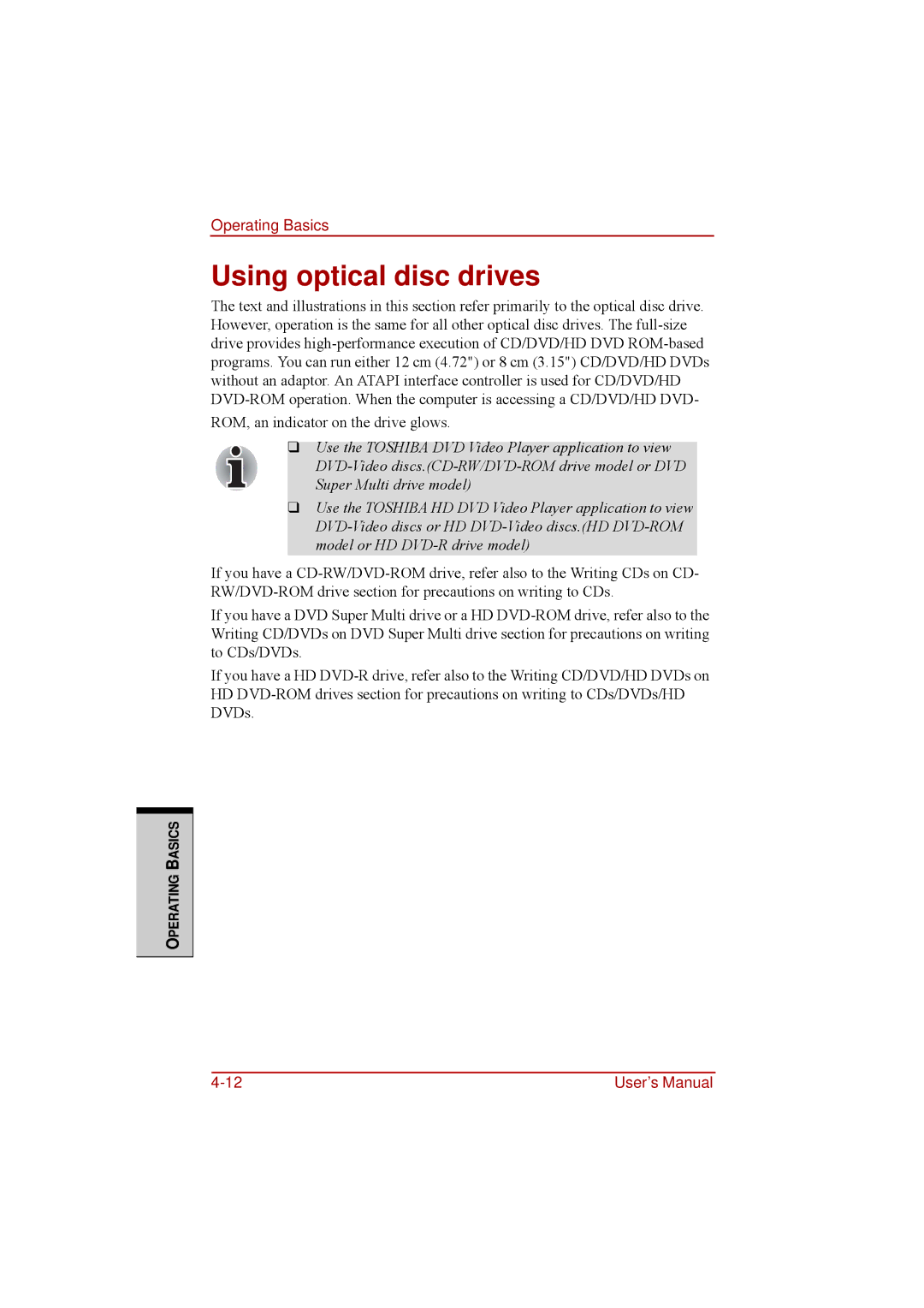 Toshiba a210 user manual Using optical disc drives 